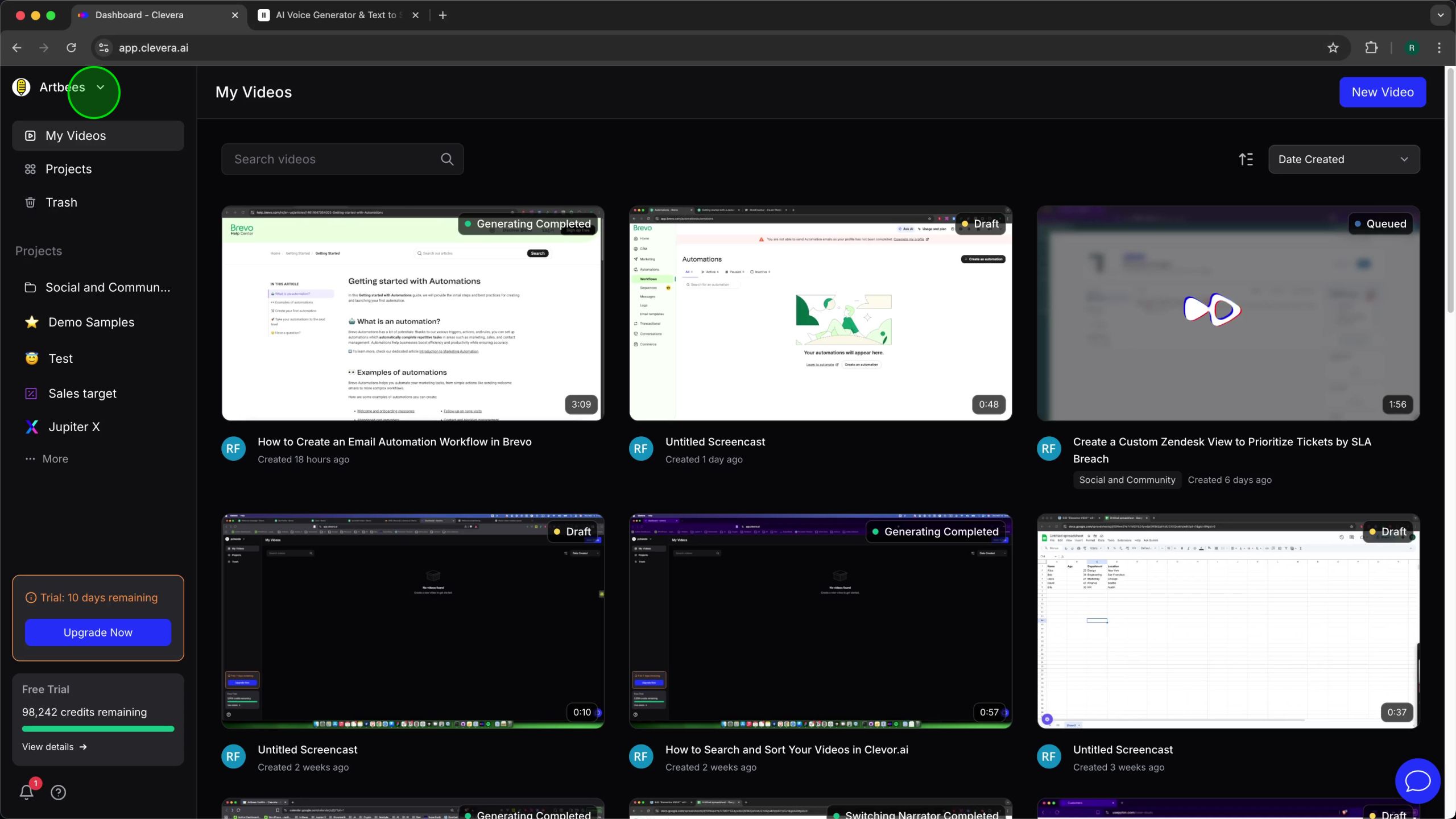Clevera dashboard with the workspace name dropdown highlighted